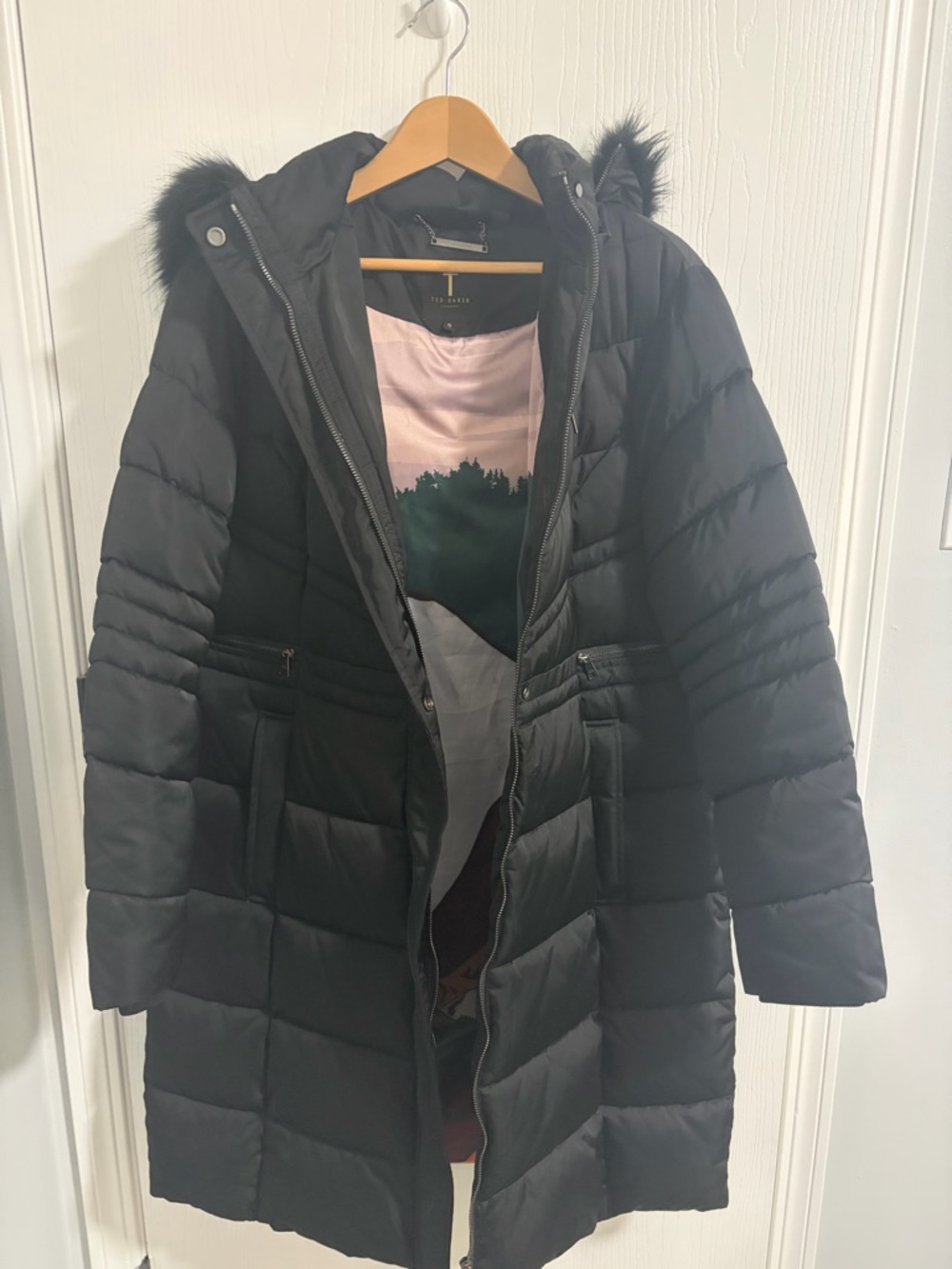 Ted Baker Black Quilted Puffer Coat with Faux-Fur Trim Hood